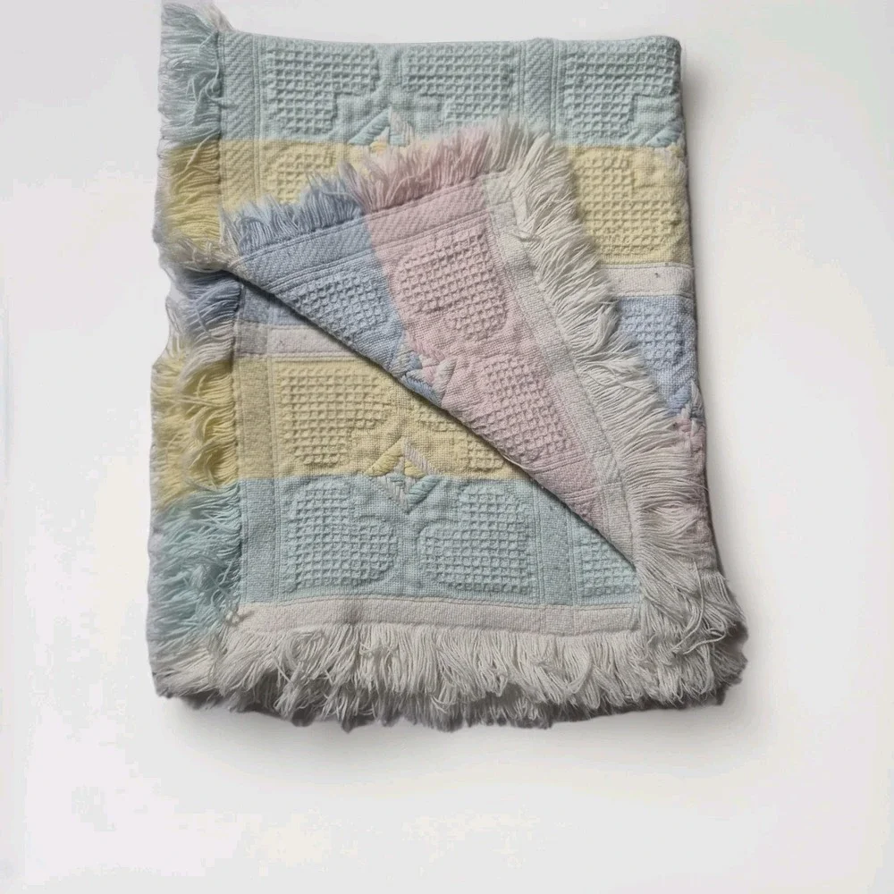 Vintage Pastel‎ Hearts Baby Blanket Fringe Waffle Knit Pink Blue Unisex